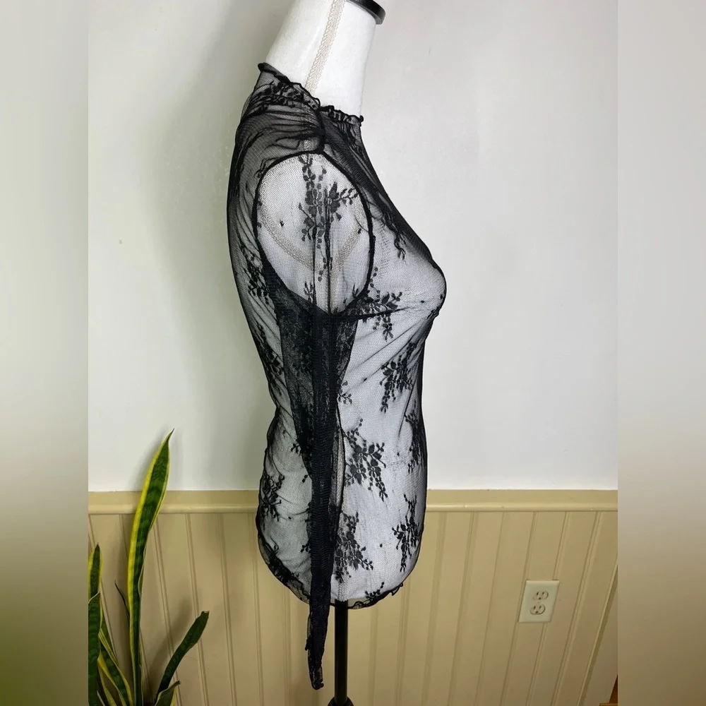 Sheer Mesh Floral Top Forest Fairy M Black Whimsigoth Lace Y2K Grunge Club Layer - Picture 6 of 9